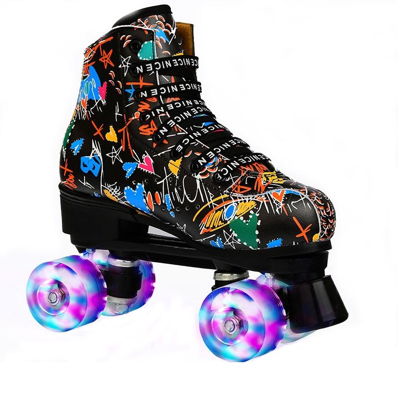 V562-B2027795650DBT-202508281854-00 Double Row Four-wheel Roller Skating Shoes for Adult Children - Size 35 - Flash Wheel Black - Image 1