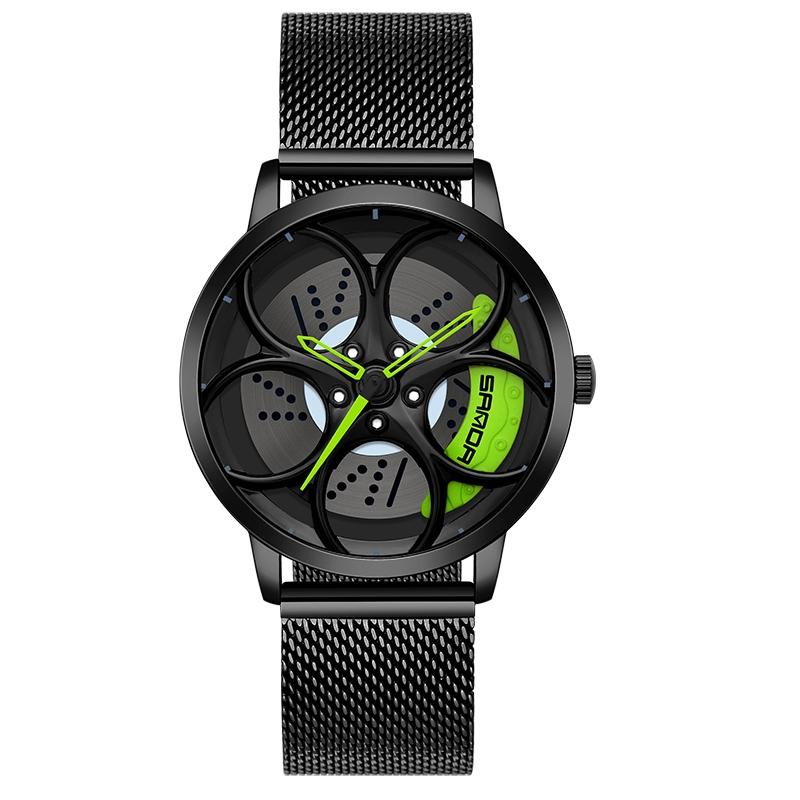 V562-B303432200ADE-202508281715-00 Men Mesh Belt Quartz Watch with 3d Oval Hollow out Wheel - Black Green - Image 1