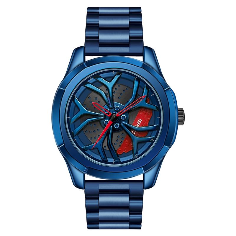 V562-C101432200ADE-202508281936-00 Men Steel Belt Quartz Watch with 3d Hollow out Wheel Design - Blue Red - Image 1