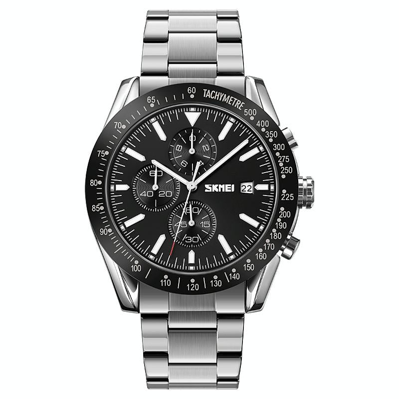V562-C102839100ADE-202508281635-00 Stainless Steel Strap Quartz Watch for Men with Date and Six Pin Design - Silver Black - Image 1