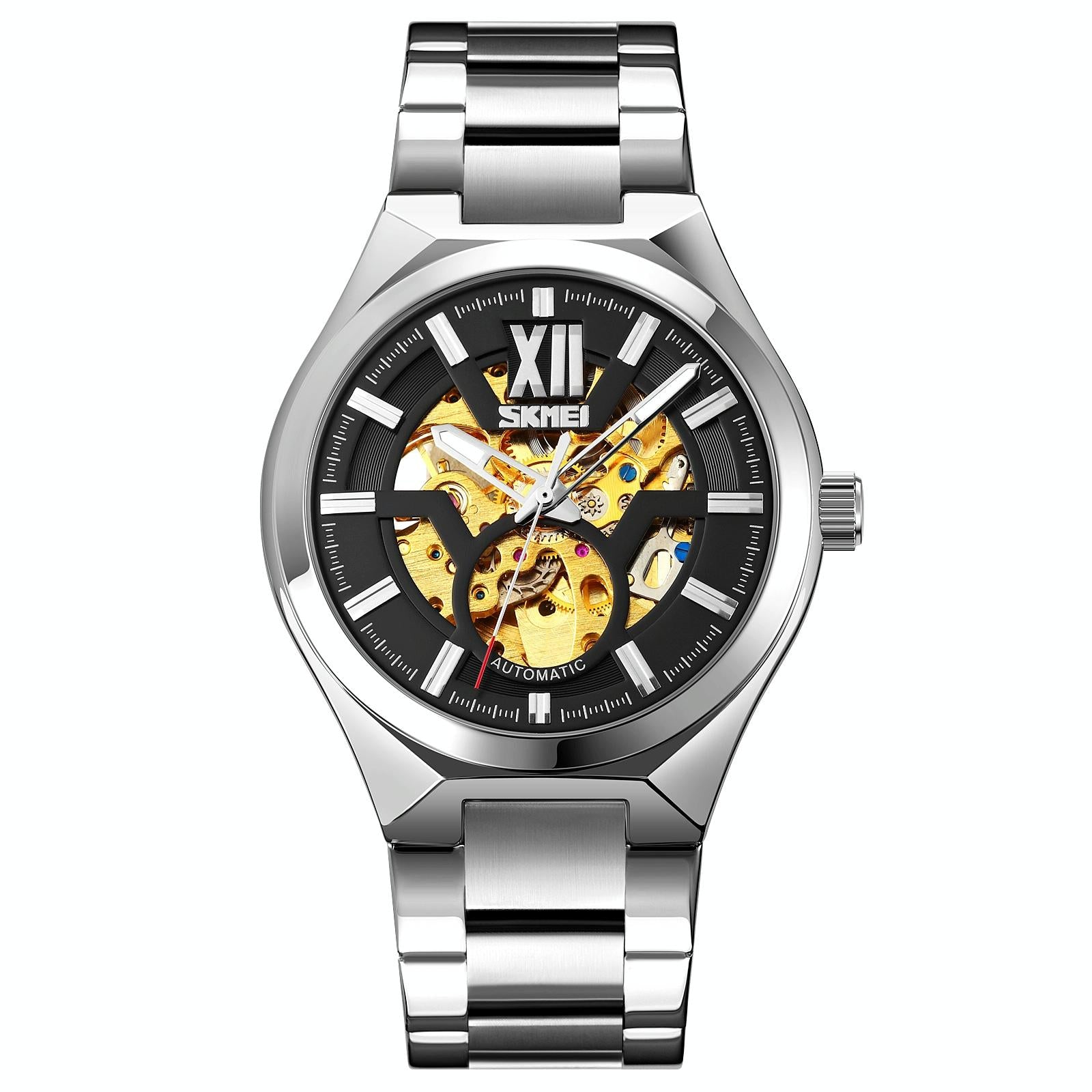 V562-C103839100ADE-202508282216-00 Men Automatic Mechanical Watch with Two-tone Stainless Steel Strap - Silver Shell Black Surface - Image 1