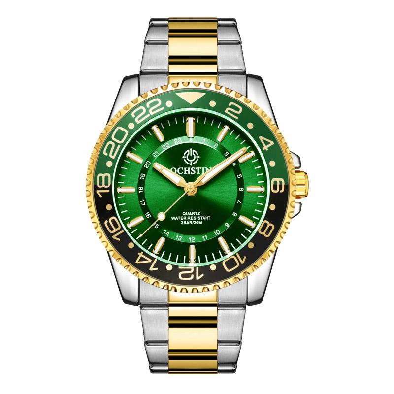 V562-C104440400ADE-202508281110-00 Waterproof Luminous Men Watch with Steel Strap - Multifunctional - Green + Gold - Image 1
