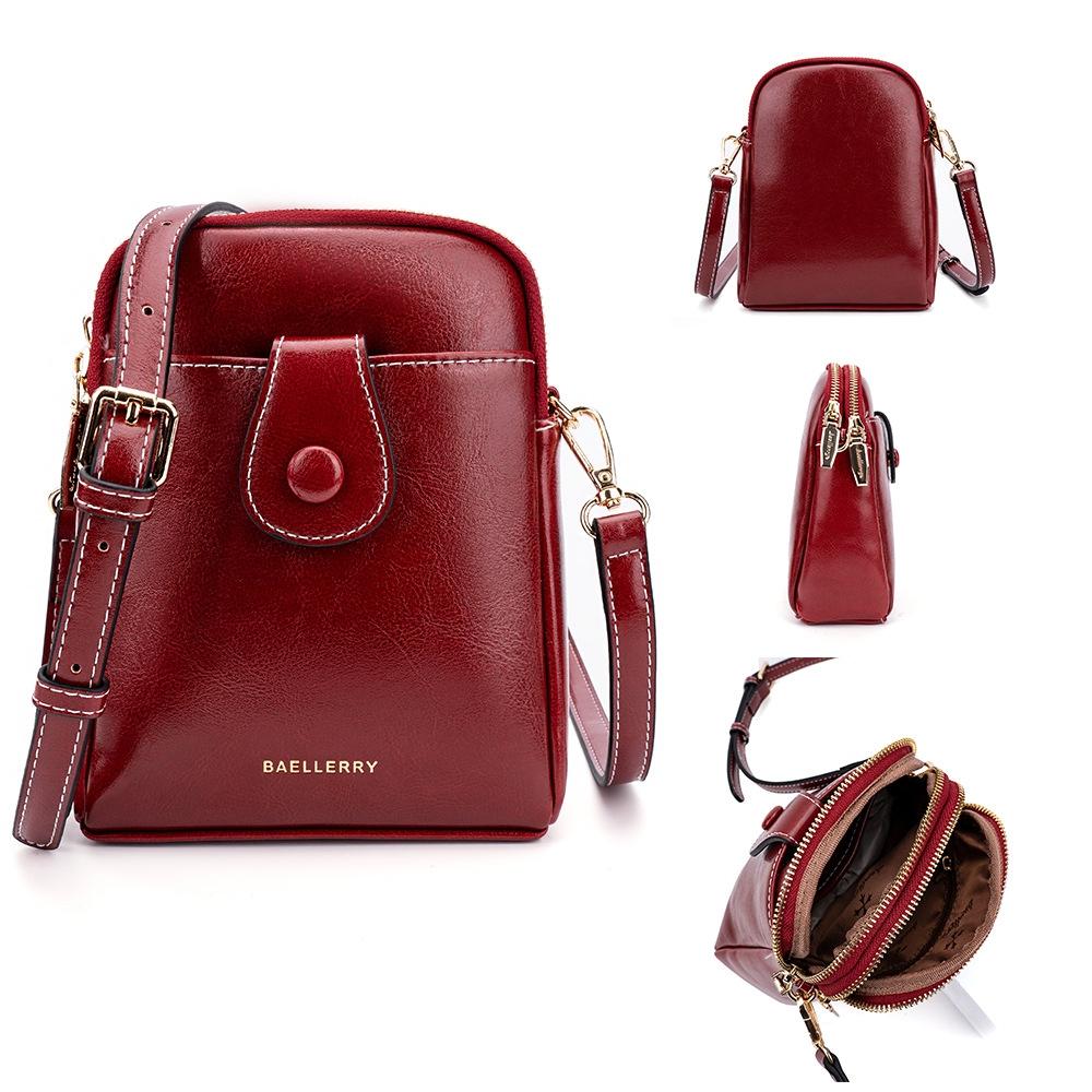 V562-C1053374060DBT-202508291241-00 Oil Wax Leather Double Zip Crossbody Phone Bag - Red - Image 1