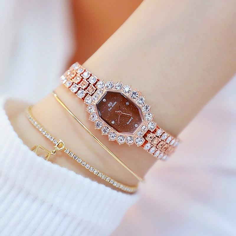 V562-C1056844120DBT-202508281636-00 Women Diamond Plated Octagonal Quartz Watch with Rhinestone Bracelet - Rose Gold Coffee Diamond - Image 1