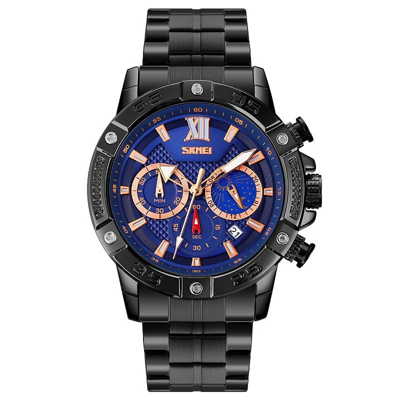 V562-C106639100ADE-202508281226-00 Stainless Steel Men Moonphase Quartz Watch with Strap - Black Blue - Image 1