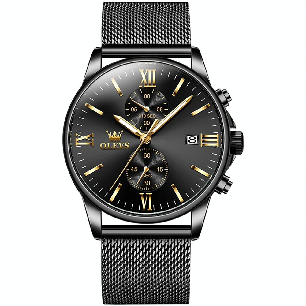 V562-C107042500ADE-202508281531-00 Waterproof Men Chronograph Quartz Watch with Luminous Dial - Black Gold Mesh Strip - Image 1