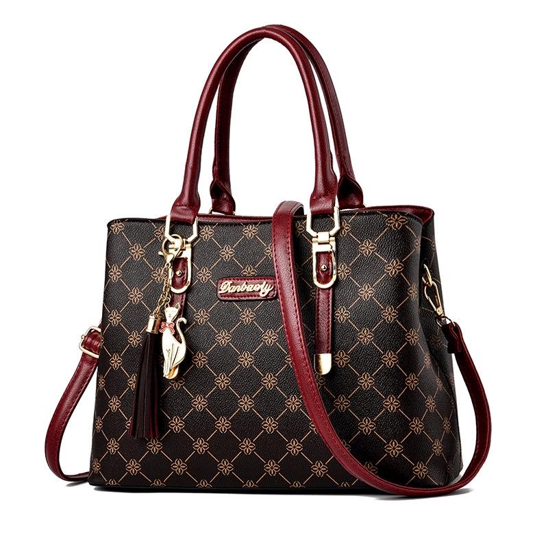 V562-C1079132060DBT-202508281226-00 Spacious Print Handbag - Large Capacity - Dark Red Deep Coffee Print - Image 1
