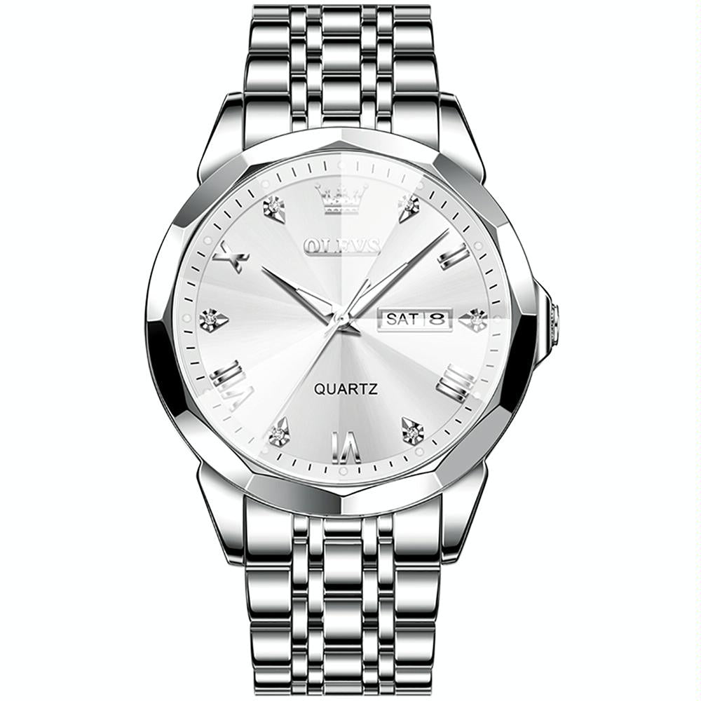 V562-C109147400ADE-202508281620-00 Waterproof Quartz Watch for Men with Luminous Dial - White + Silver - Image 1