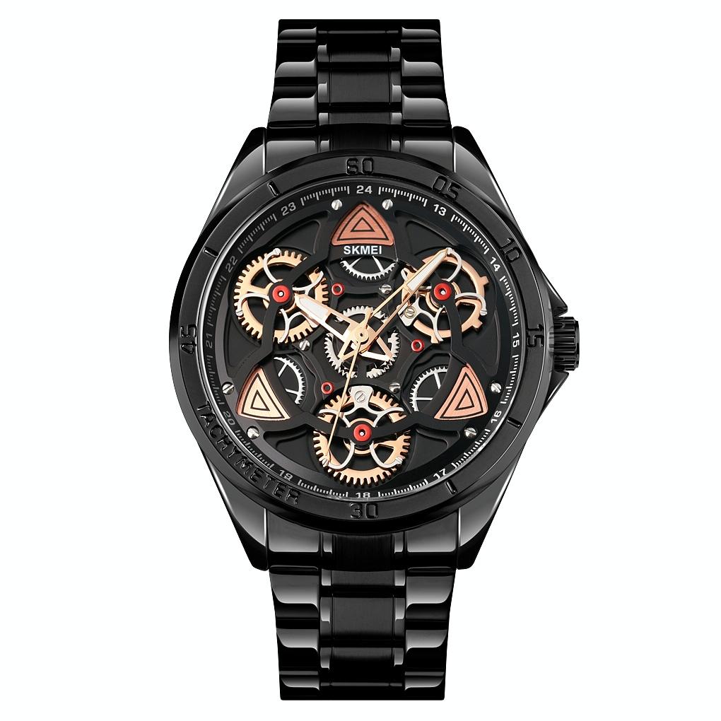 V562-C109558100ADE-202508290730-00 Waterproof Men Quartz Watch with Rotatable Gear Dial - Black Shell Black Surface - Image 1
