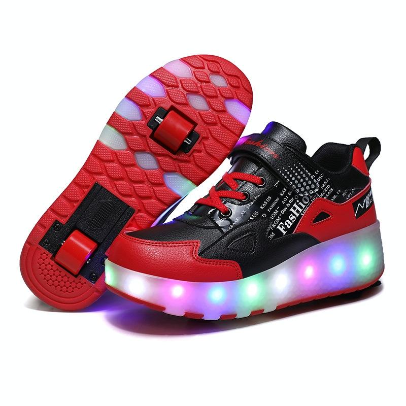 V562-C4109322550DBT-202508290021-00 Rechargeable Light Skating Shoes - Size 40 for Kids on Wheels - Black And Red - Image 1