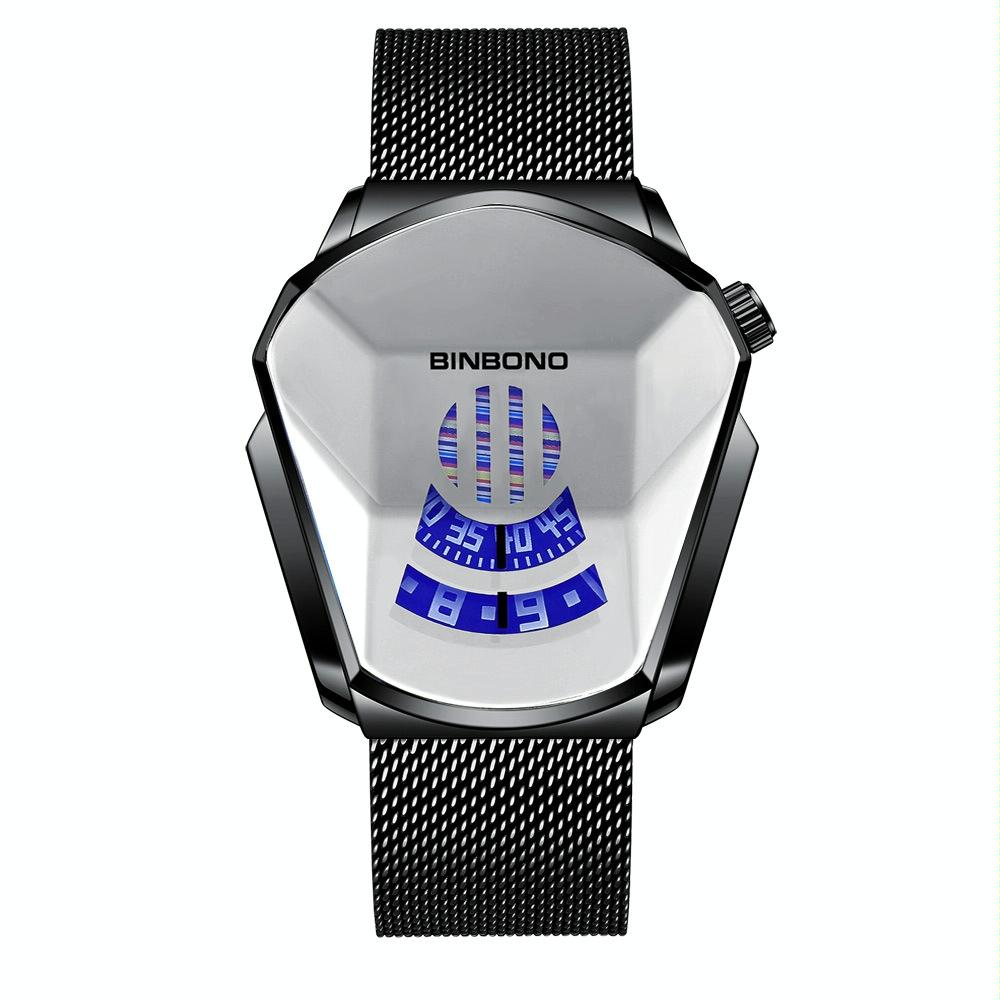 V562-D1005754240DBT-202508281436-00 Black Technology Men Watch with Locomotive Concept - Black Net Belt-Black Steel-White Face - Image 1