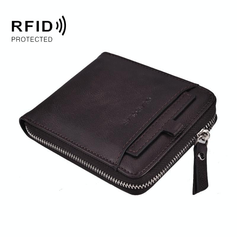 V562-D1021383060DBT-202508290007-00 Men Retro Rfid Zip Wallet - Zipper Closure - Dark Coffee - Image 1