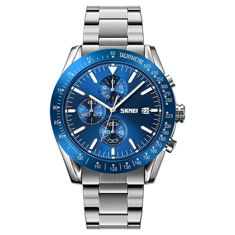 V562-D102839100ADE-202508281635-00 Stainless Steel Strap Quartz Watch for Men with Date and Six Pin Design - Silver Blue - Image 1
