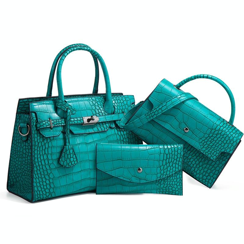 V562-D1039823060DBT-202508281921-00 Large Capacity 3-in-1 Crocodile Print Crossbody Tote - Diagonal Design - Peacock Green - Image 1