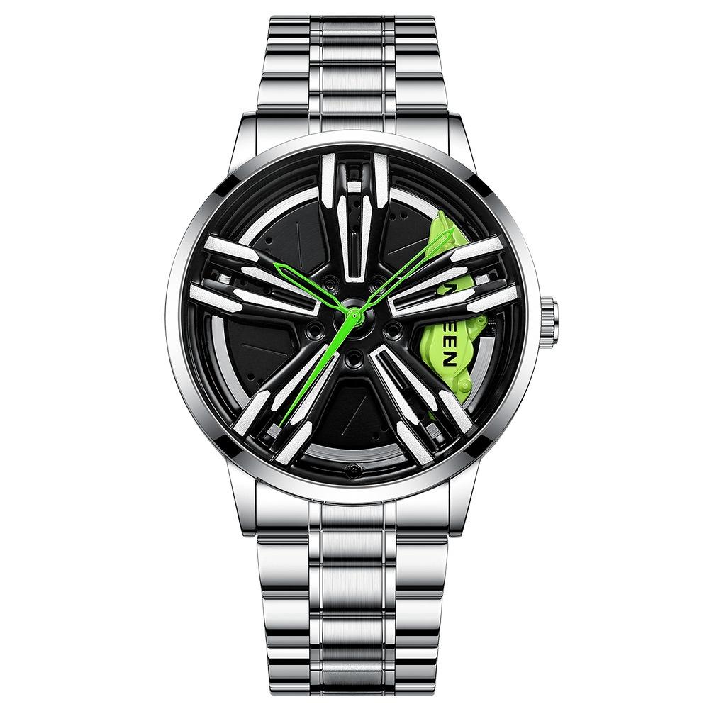 V562-D1041622060DBT-202508282120-00 Men Metal Motorcycle Watch with Rotating Hub - White Steel Green Surface - Image 1