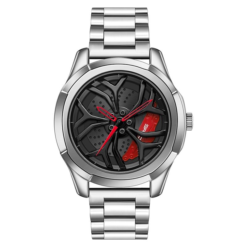 V562-E101432200ADE-202508281935-00 Men Steel Belt Quartz Watch with 3d Hollow out Wheel Design - Silver Red - Image 1