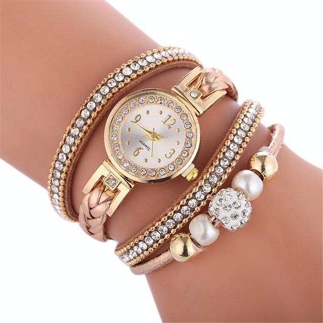 V562-E102241250DBT-202508281906-00 Women Beige Woven Pearl Bracelet Watch - Round Analog Quartz - Black - Image 1