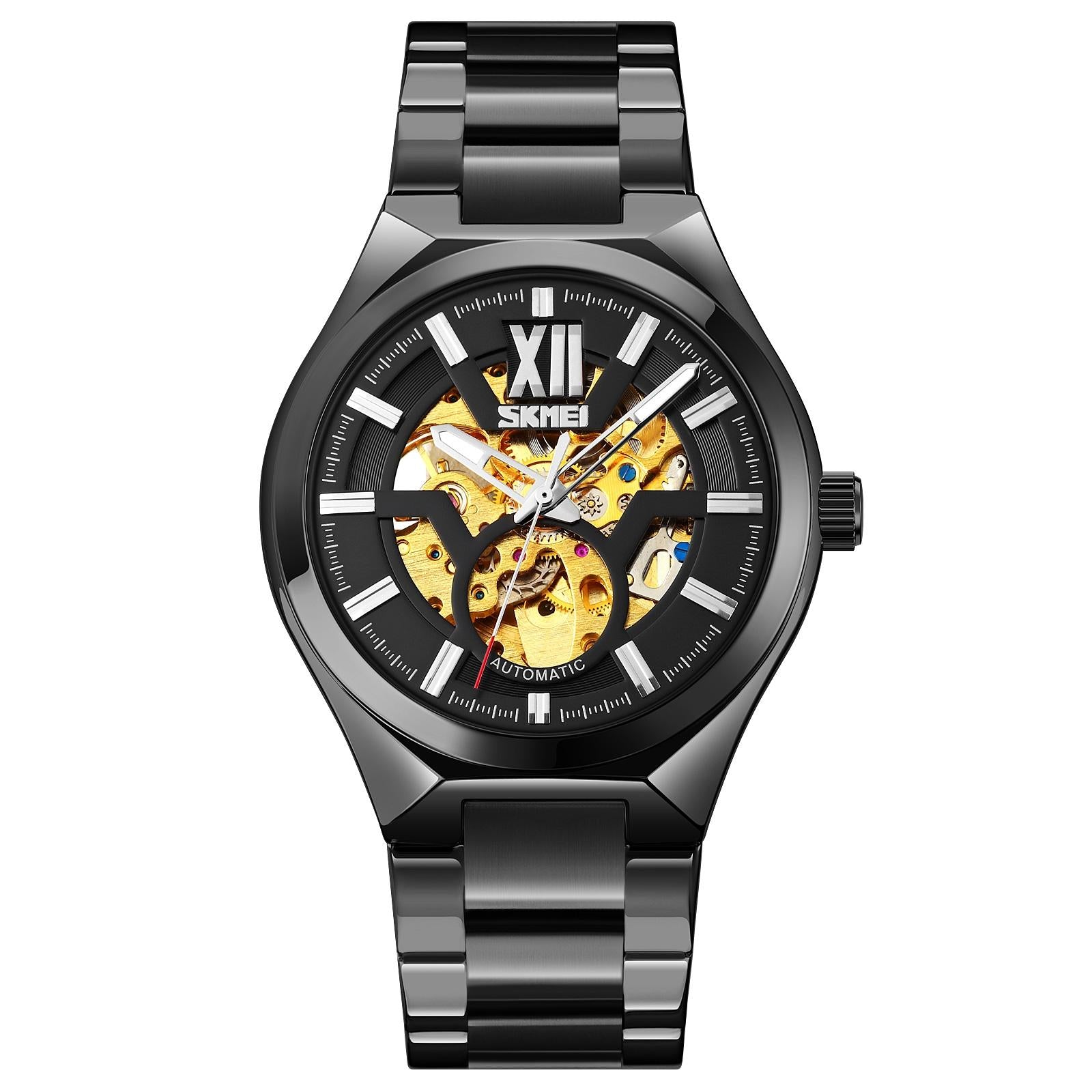 V562-E103839100ADE-202508282216-00 Men Automatic Mechanical Watch with Two-tone Stainless Steel Strap - Black Shell Black Surface - Image 1