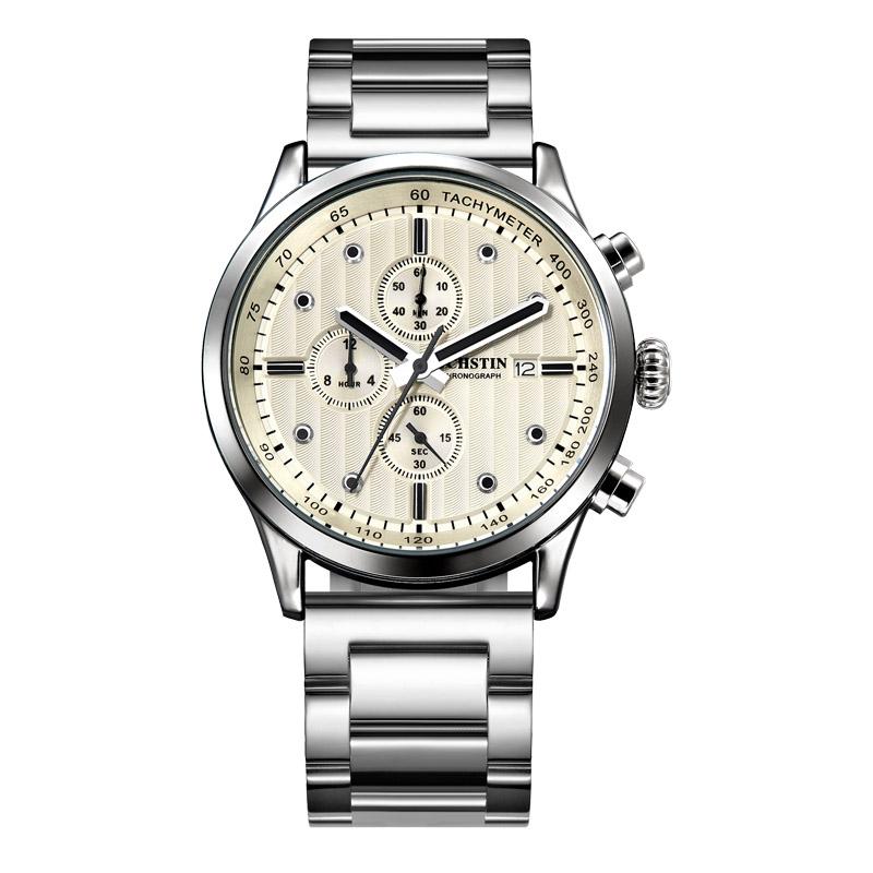 V562-F104840400ADE-202508281825-00 Stylish Multifunctional Men Quartz Watch with Steel Strap - Silver White - Image 1