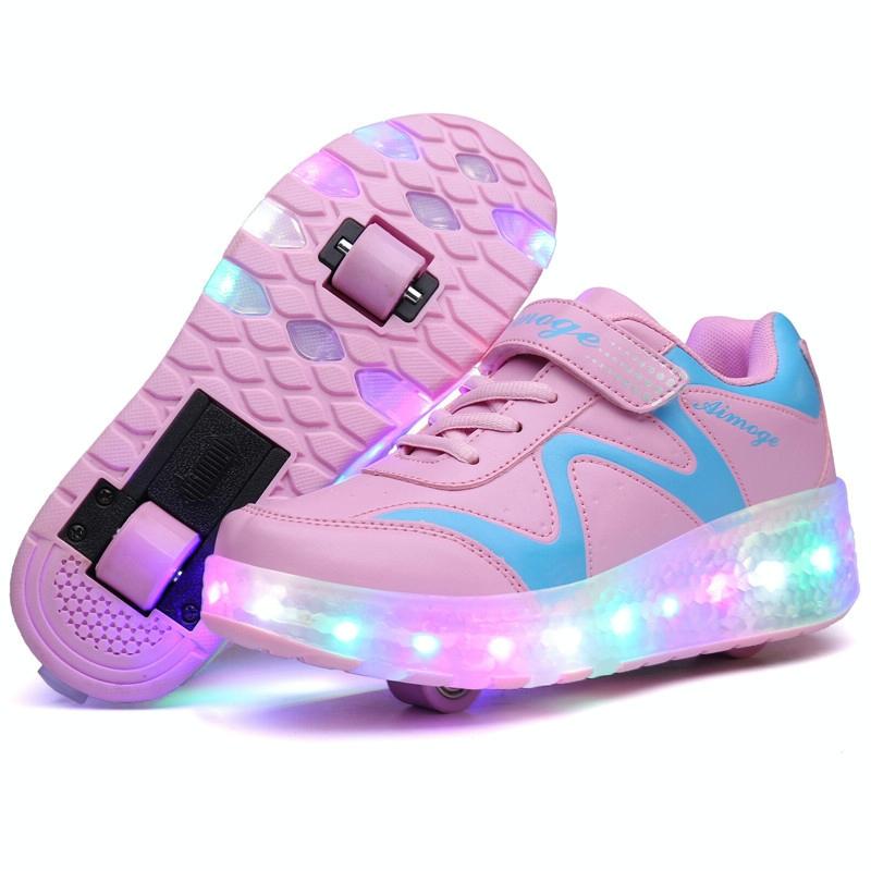V562-F1493GO-202508271753-00 Rechargeable Double Wheel Roller Skating Shoes - Pink Size 35 - Image 1