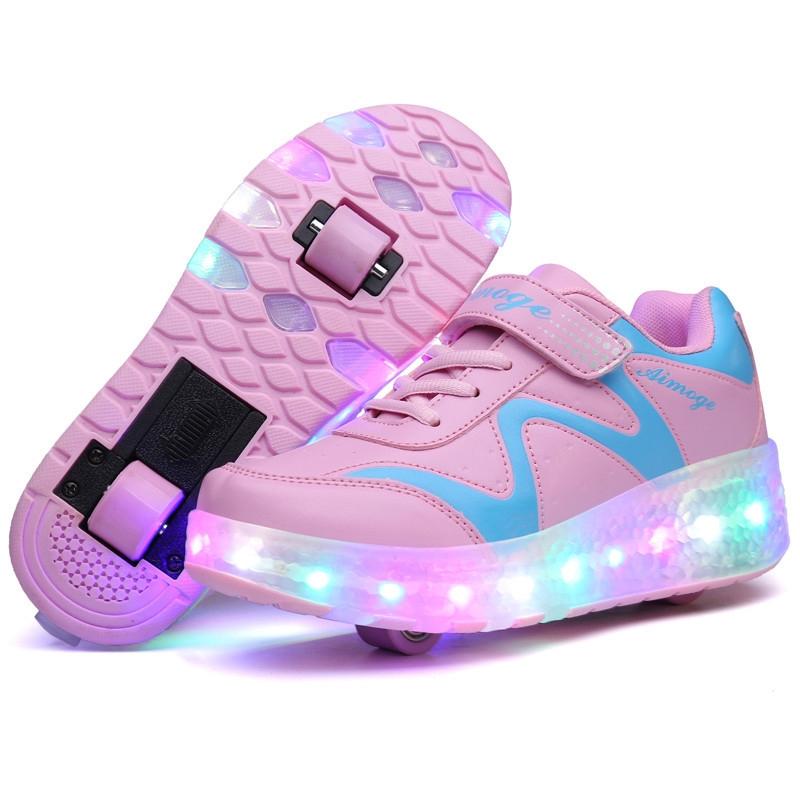 V562-F2493GO-202508271631-00 Rechargeable Double Wheel Roller Skating Shoes - Pink Size 36 - Image 1
