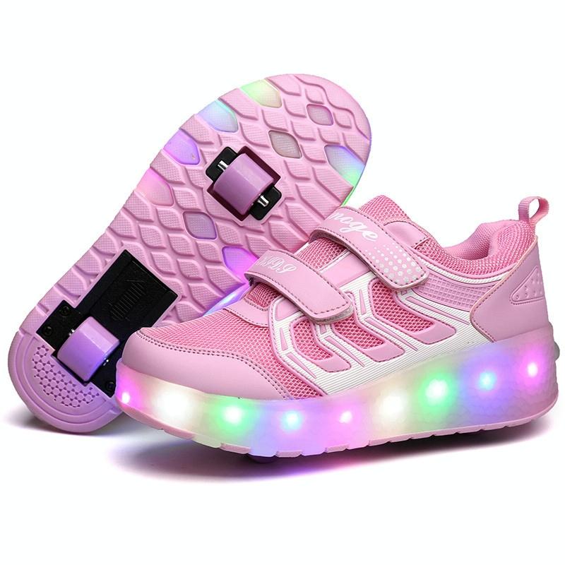 V562-F9693GO-202508282221-00 Rechargeable Double Wheel Roller Skating Shoes - Size 37 Ultra Light Mesh Surface - Pink - Image 1