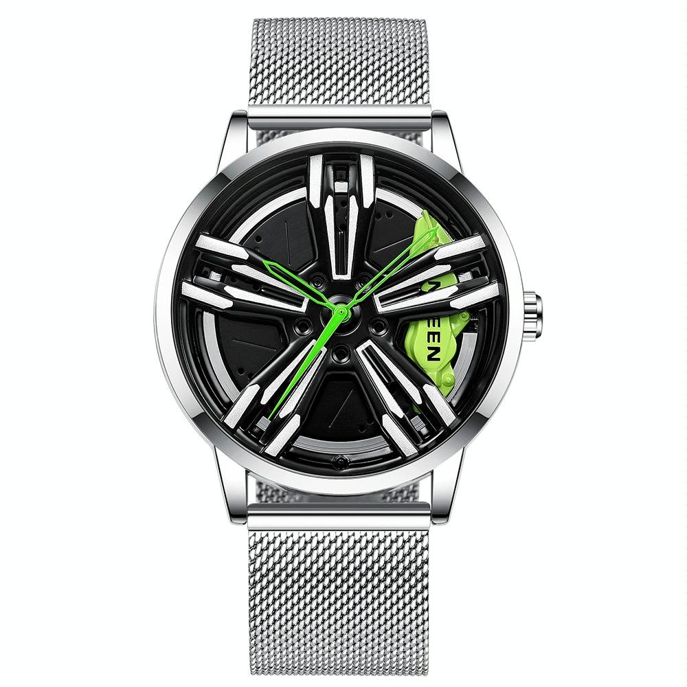V562-H1041622060DBT-202508282125-00 Men Metal Motorcycle Watch with Rotating Hub - White Net White Steel Green Surface - Image 1