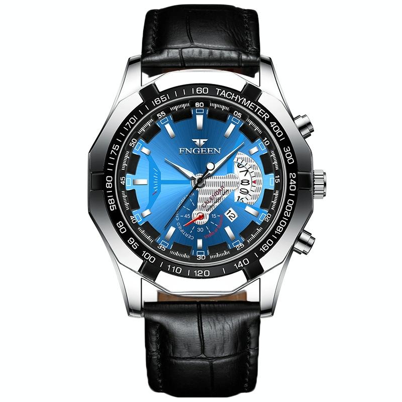 V562-I1034801650DBT-202508290036-00 Waterproof Men Calendar Watch - Black Leather Black Steel Blue Surface - Image 1