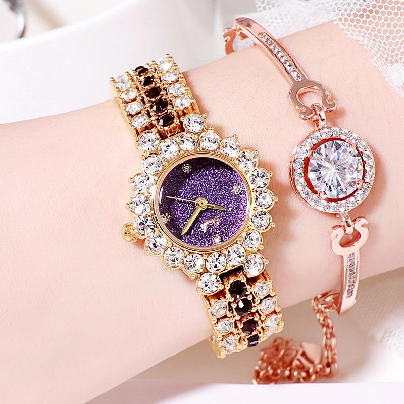 V562-I1051738550DBT-202508282135-00 Women Quartz Bracelet Watch with Diamond Accents - Gold Shell Purple Plate - Image 1