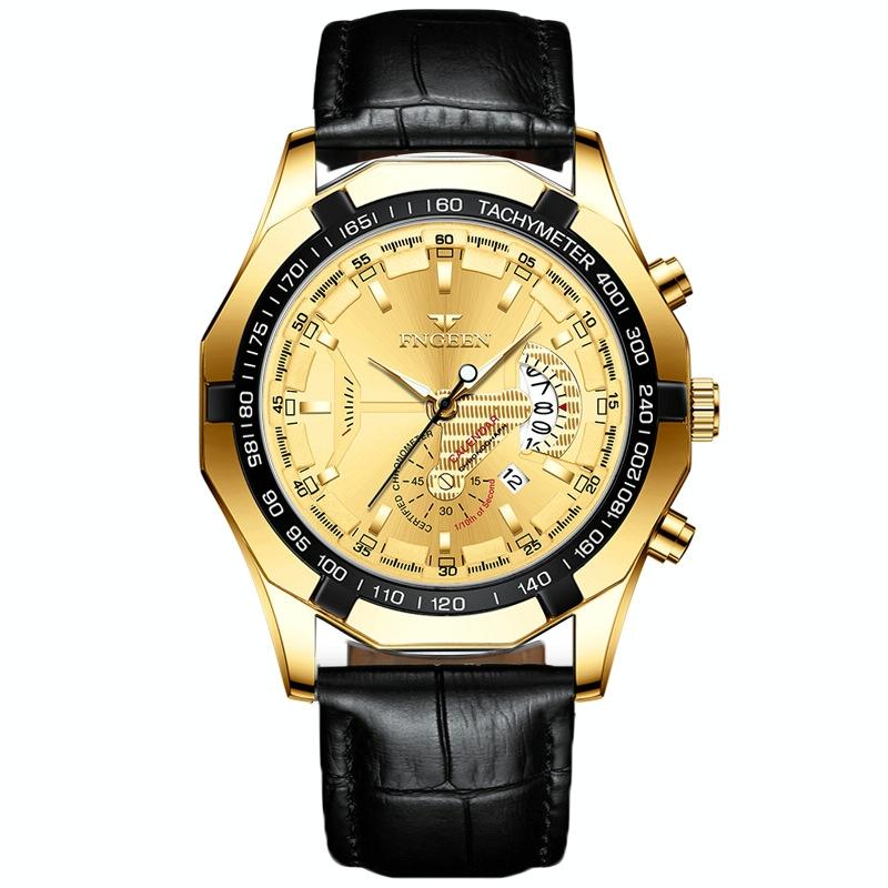 V562-J1034801650DBT-202508290036-00 Waterproof Men Calendar Watch - Black Leather Full Gold Golden Surface - Image 1