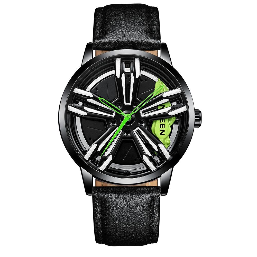 V562-J1041622060DBT-202508282121-00 Men Metal Motorcycle Watch with Rotating Hub - Black Leather Black Steel Green Surface - Image 1