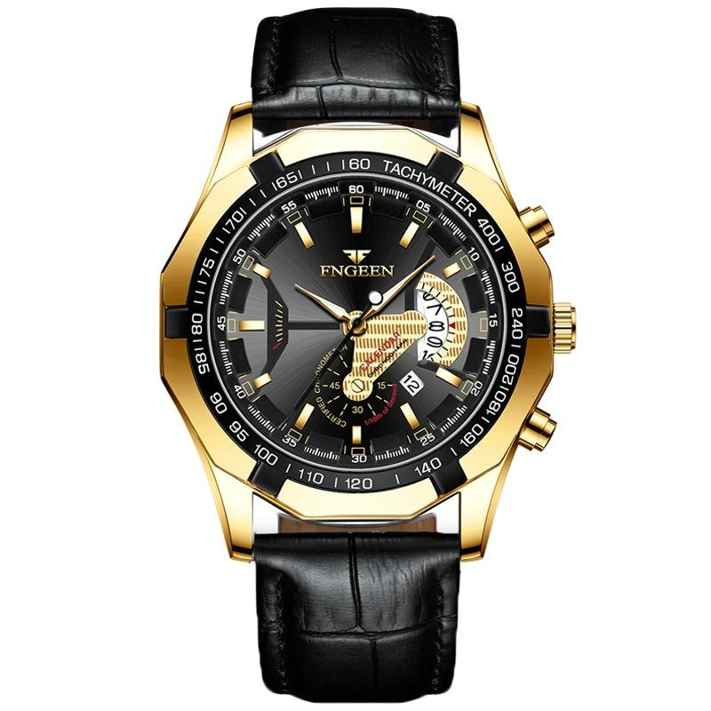 V562-K1034801650DBT-202508290035-00 Waterproof Men Calendar Watch - Black Leather Full Gold Black Surface - Image 1