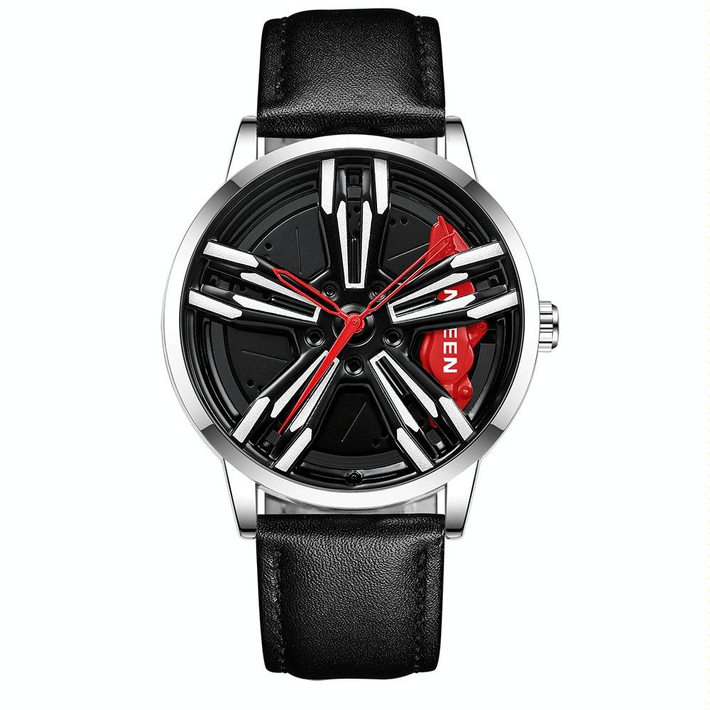 V562-K1041622060DBT-202508282125-00 Men Metal Motorcycle Watch with Rotating Hub - Black Leather White Steel Red Surface - Image 1