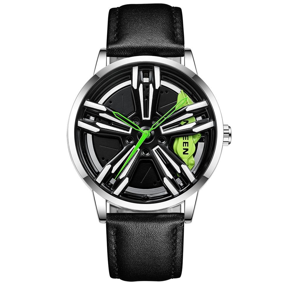V562-L1041622060DBT-202508282121-00 Men Metal Motorcycle Watch with Rotating Hub - Black Leather White Steel Green Surface - Image 1