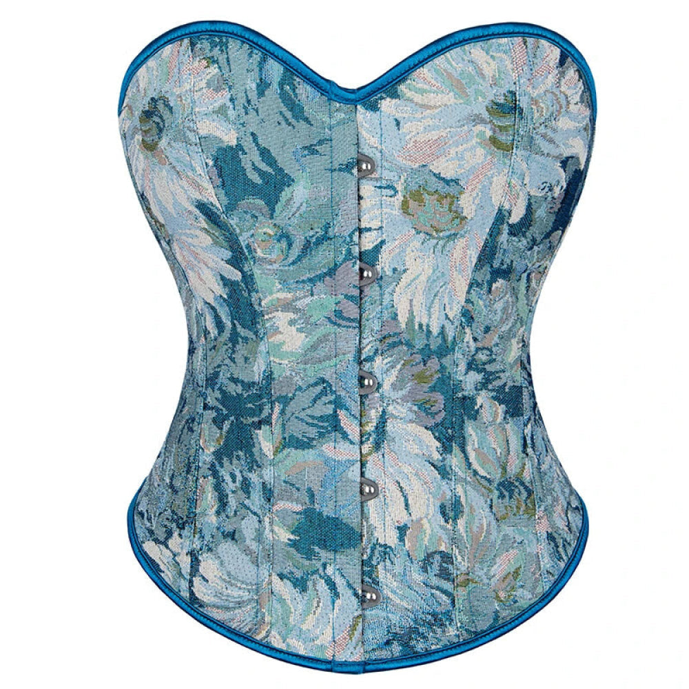 V562-OBBPBBLIAATXLPXK-11-202508291845-00 Floral Print Renaissance Corset 12 Plastic Bones Front 5 Busk Closure Plus Size - Blue 502 - Xl - Image 1