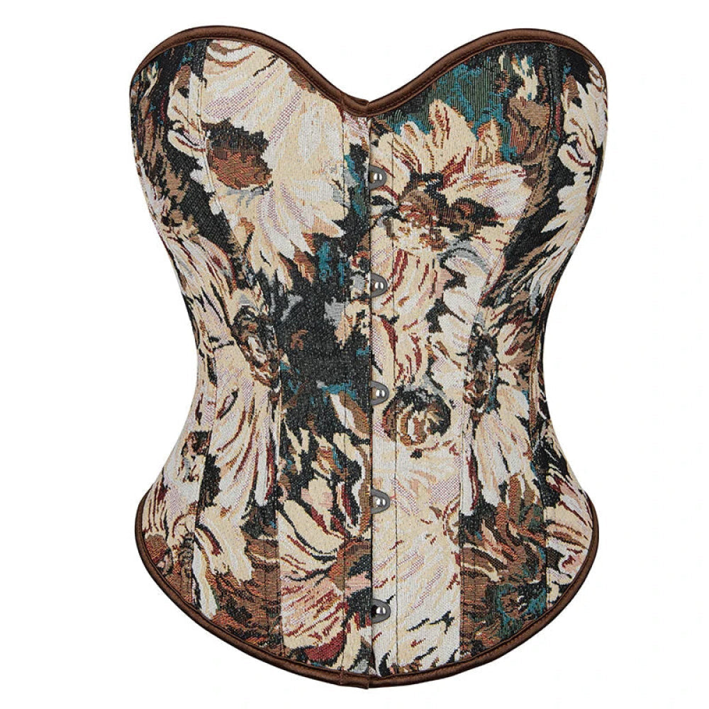 V562-OBBPBBLIAATXLPXK-7-202508291840-00 Floral Print Renaissance Corset 12 Plastic Bones Front 5 Busk Closure Plus Size - Brown 791 - Xxl - Image 1