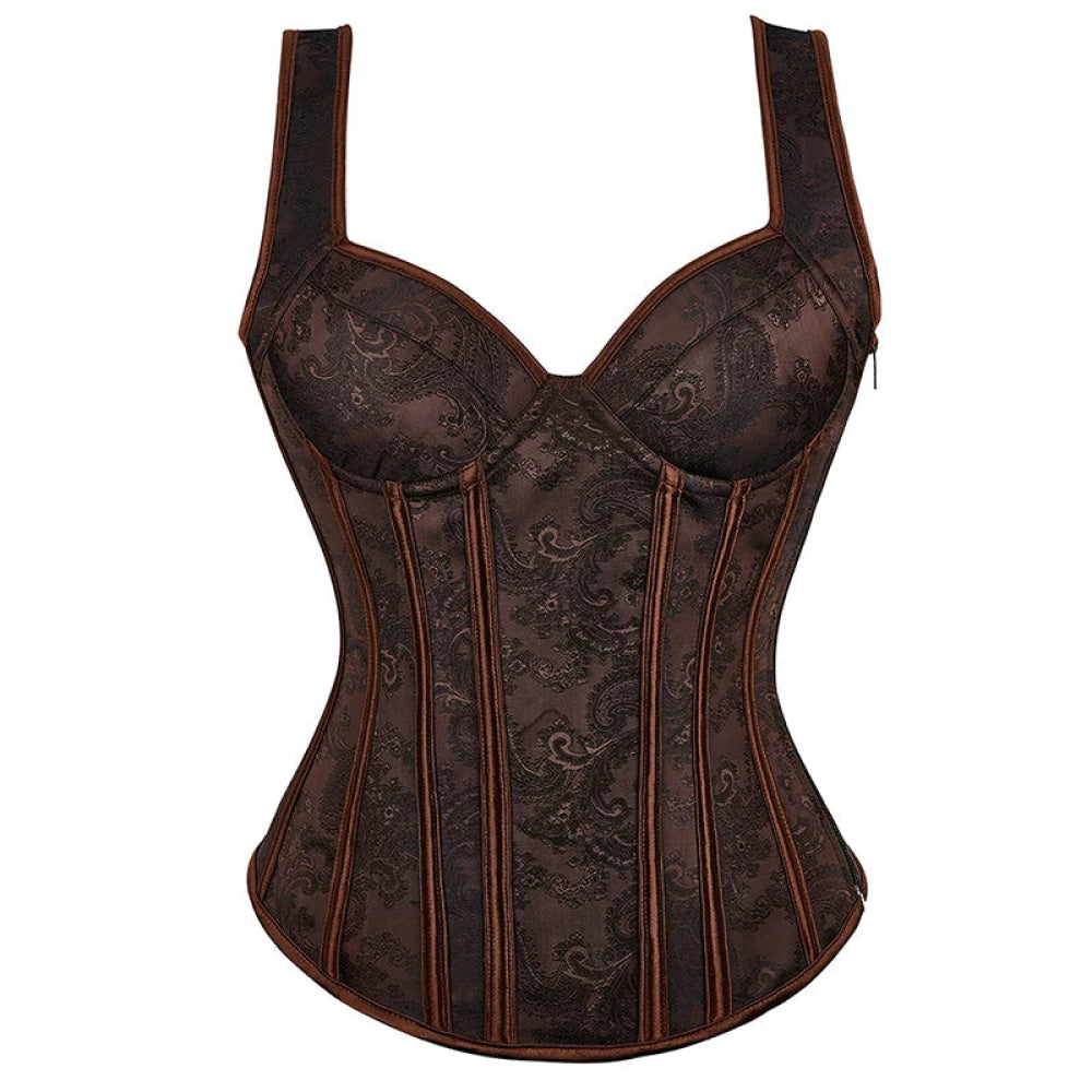 V562-OBBPBBNIIXTKIKII-9-202508291925-00 Steampunk Jacquard Lace-Up Shoulder Strap Corset Padded Bustier With Zip - L - Image 1