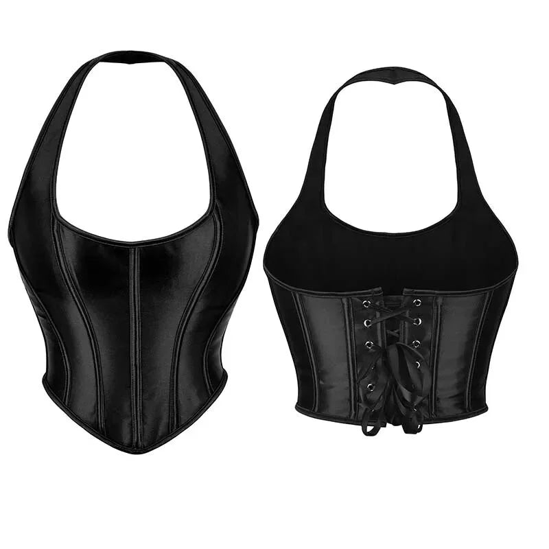 V562-OBBPBBNKATINBIPB-2-202508292020-00 Black Gothic Corset Top Plus Size Slimming Bustier With Halter-Strap And Satin Material - Xxl - Image 1