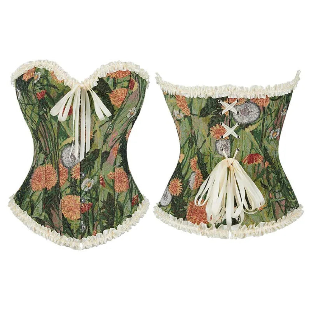 V562-OBBPBBNKAXIINXKB-2-202508291740-00 Green Floral Print Boned Corset Front Busk Closure Bowknot Bandage Victorian Style - M - Image 1