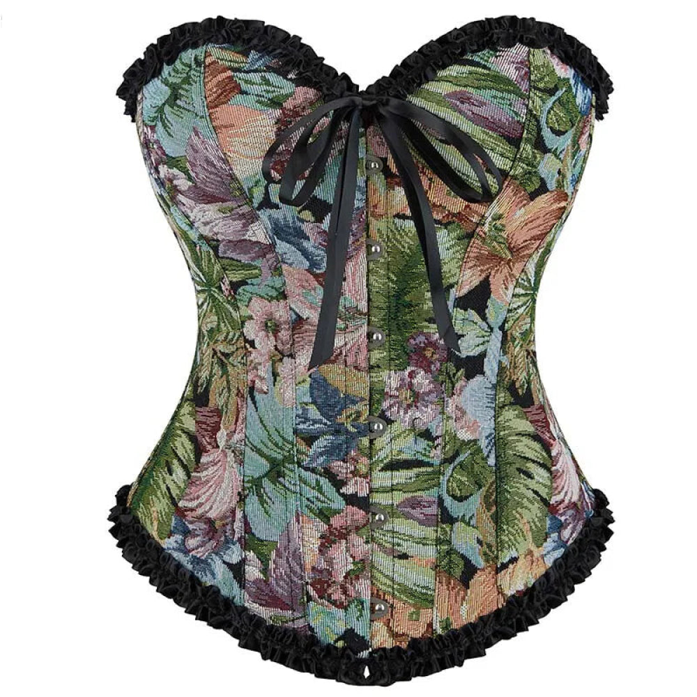 V562-OBBPBBNKAXTPPIXN-2-202508291826-00 Floral Print Lace Trimmer Boned Strapless Corset Gothic Vintage Style - M - Image 1
