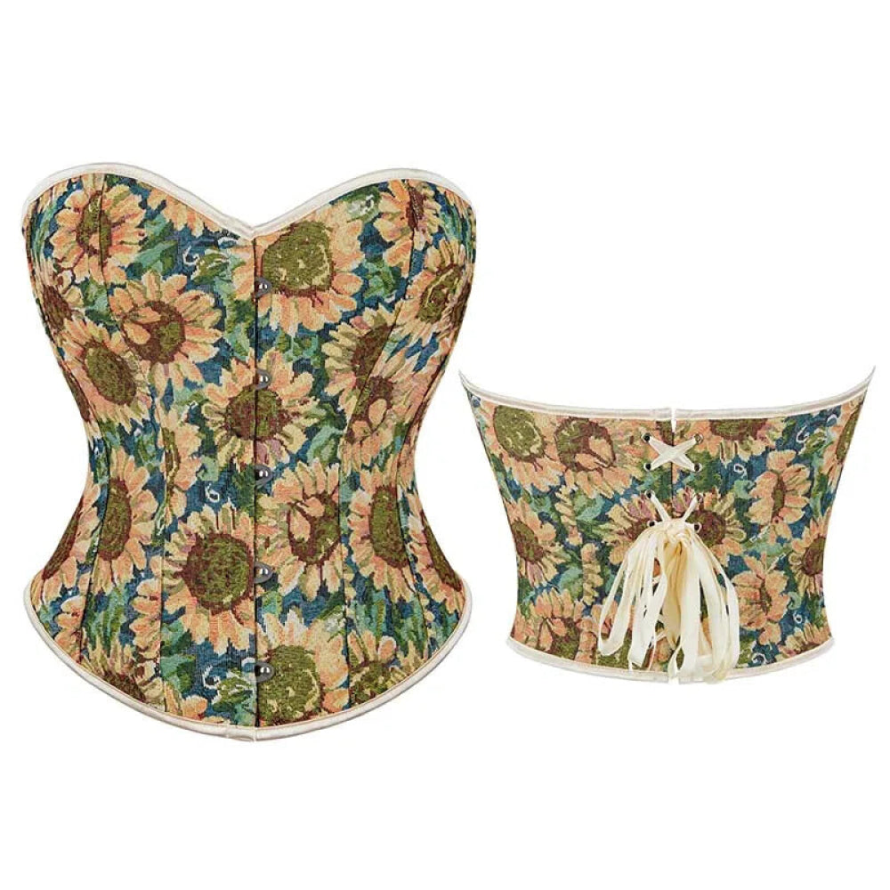 V562-OBBPBBNKBLBINIXL-6-202508291716-00 Floral Sunflower Lace Bustier Plus Size Xs-Xxl Front Busk Lace Up Boned Strapless Seamless Corset - Xl - Image 1