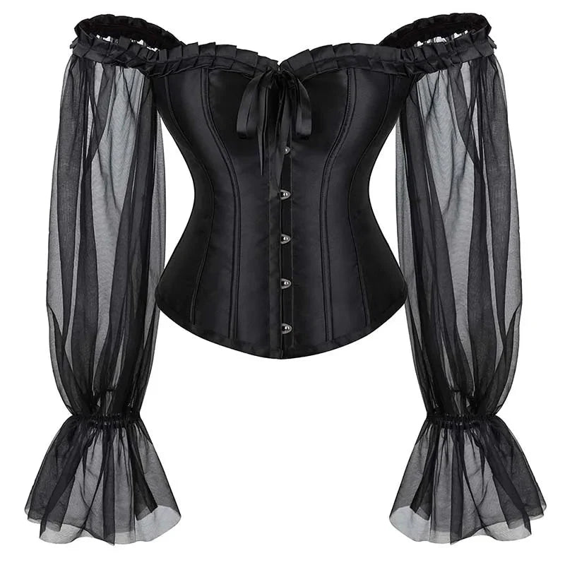 V562-OBBPBBNKNNXXNALO-6-202508292010-00 Ruffled Gothic Corselet Top With Puff Sleeves And Lace-Up Boning Transparent Satin Overbust Corset For Women - Xs - Image 1