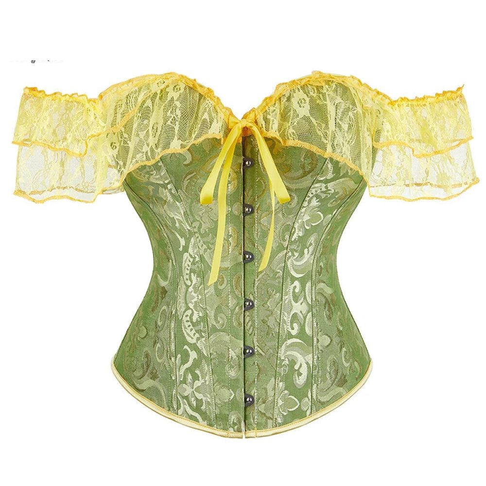 V562-OBBPBBNLONPPPTON-11-202508291935-00 Brown Steampunk Corset With Front Busk Closure Floral Lace And Puff Sleeves - Green - Xxxl - Image 1