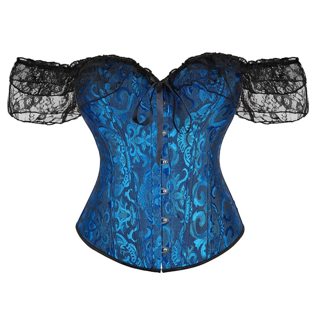 V562-OBBPBBNLONPPPTON-22-202508291945-00 Brown Steampunk Corset With Front Busk Closure Floral Lace And Puff Sleeves - Dark Blue - 6Xl - Image 1