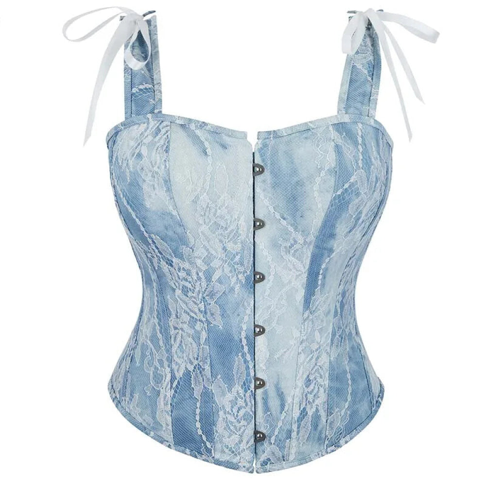 V562-OBBPBBNPKNKXXKAB-2-202508291630-00 Steampunk Lace Corset Bustier With Floral Overlay And Fishbone Support - S - Image 1