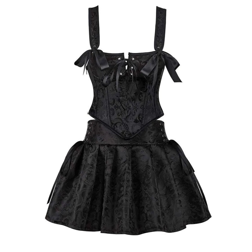 V562-OBBPBBNPLXKLIKAT-6-202508291753-00 Floral Jacquard Lace-Up Boned Corset Dress With Fishbone Support And Gothic Crop Top Skirt Set - Xxl - Image 1