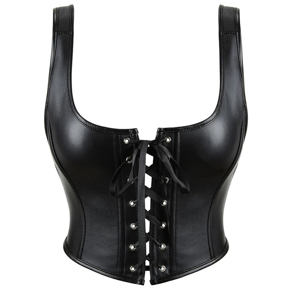 V562-OBBPBBPLBPLXIKLP-9-202508291845-00 12-Bone Shoulder Strap Corset Crop Top Synthetic Leather Lacing Ribbon Bandaged Design Women - L - Image 1
