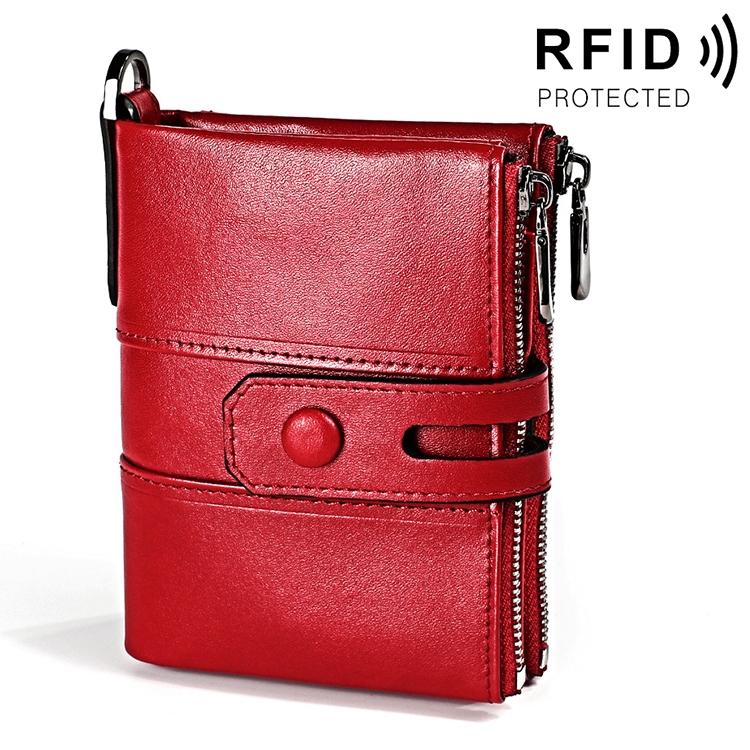 V562-R7022BCC-202508281940-00 Men Retro Texture Double Zip Rfid Wallet - Anti-magnetic - Red - Image 1