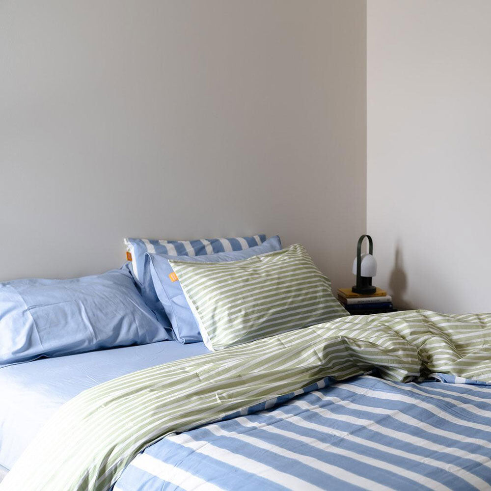 V563-BLUSTRP_DVT-DOUBLE-202508210810-00 100% Cotton Duvet Quilt Cover Set w/ 2 Pillow Cases in Reversible Blue/Green/White Stripe - Double - Image 1