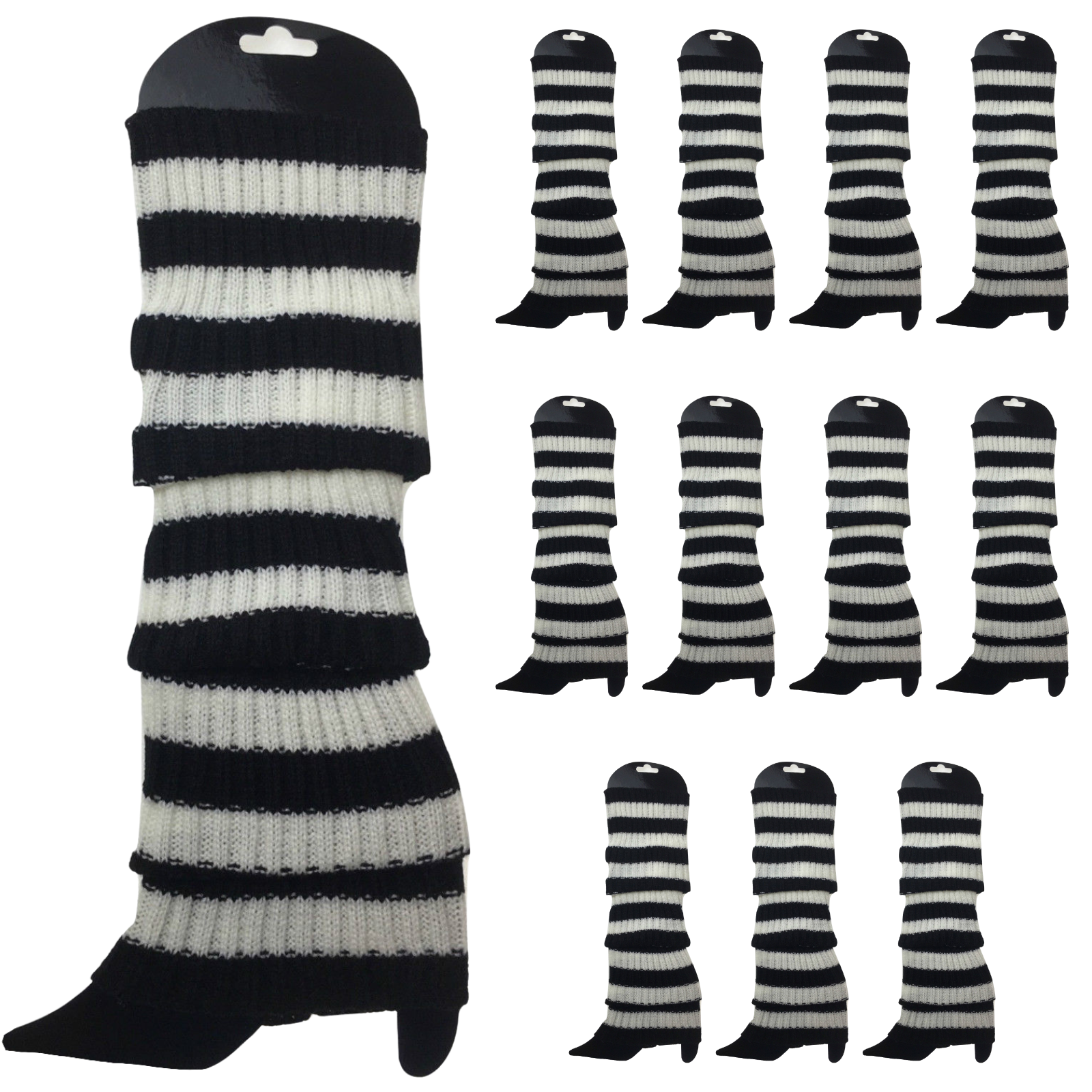 V563-BR-12LEGWARMRS-BLKWHTSTR-202508190835-00 12x LEG WARMERS Knitted Womens Costume Neon Dance Party Knit 80s BULK - Black/White Stripe - Image 1